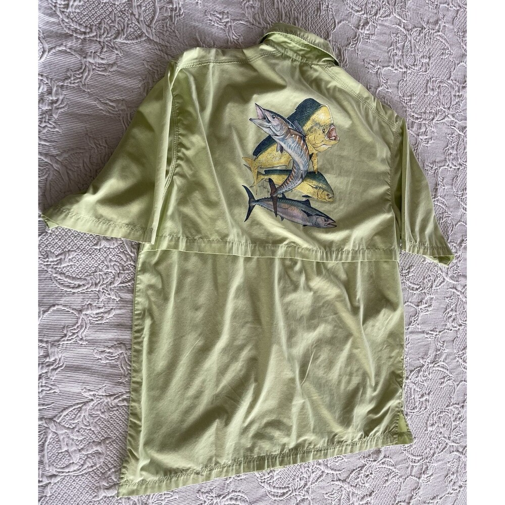 Guy Harvey AFTCO Vented Fishing Shirt Logo S/S Embroidered Green Mens Sz Medium - Picture 5 of 14